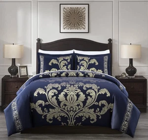 Valor 7-Piece King Bed in a Bag, Navy/Gold Luxury Jacquard Floral Comforter w... - Picture 1 of 9