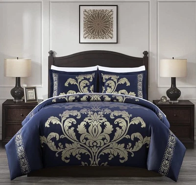 Valor 7-Piece King Bed in a Bag, Navy/Gold Luxury Jacquard Floral Comforter w... - Image 1 of 4