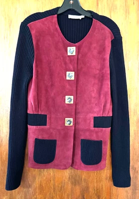 Cardigã misto Tory Burch couro borgonha camurça malha lã M - Imagem 1 de 4