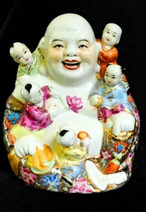 LAUGHING BUDDHA w/ 5 Children Figurine 5 1/2"T Fertility Good Luck ANTIQUE VTG - Picture 1 of 12