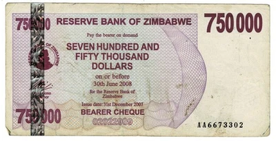 Zimbabwe 750,000 Dollars 2007 P-52 Hyperinflation Bearer Cheque Banknote - Image 1 of 2