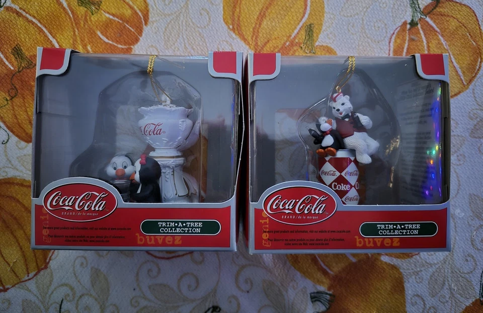 2 NRFB VINTAGE 4.5" COCA COLA CHRISTMAS ORNAMENT POLAR BEAR PENGUIN BY CAVANAGH  - Image 1 of 1
