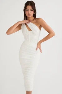 NEW, House of CB Valentina Ivory Asymmetric Cutout Midi Dress SZ L+ #MD112 - Picture 1 of 11