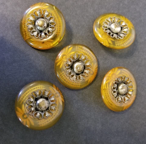 5 Large Carved Applejuice Bakelite Vintage Buttons ( fancy antique button ) Cover