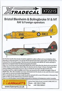 X72215 Xtradecal 1:72 Bristol Blenheim & Bolingbroke RAF y operadores extranjeros 3 - Imagen 1 de 6