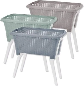 Large Laundry Washing Basket Folding Legs Plastic Rattan Clothes Storage Hamper - Picture 1 of 20