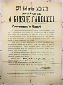 1908 MANIFESTO ONORANZE COMMEMORAZIONE GIOSUE' CARDUCCI - Imagen 1 de 1