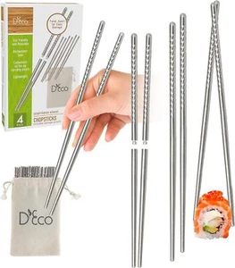 D'Eco Reusable Set of 4 Stainless Steel Twist Apart Chopsticks & Travel Pouch - Picture 1 of 5