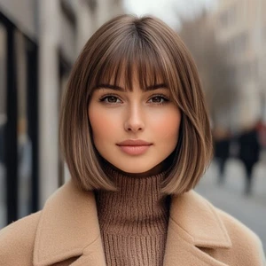 Medium Brown Bob Synthetic Hair Wigs with Bangs Short Natural Straight Daily Wig - Picture 1 of 10