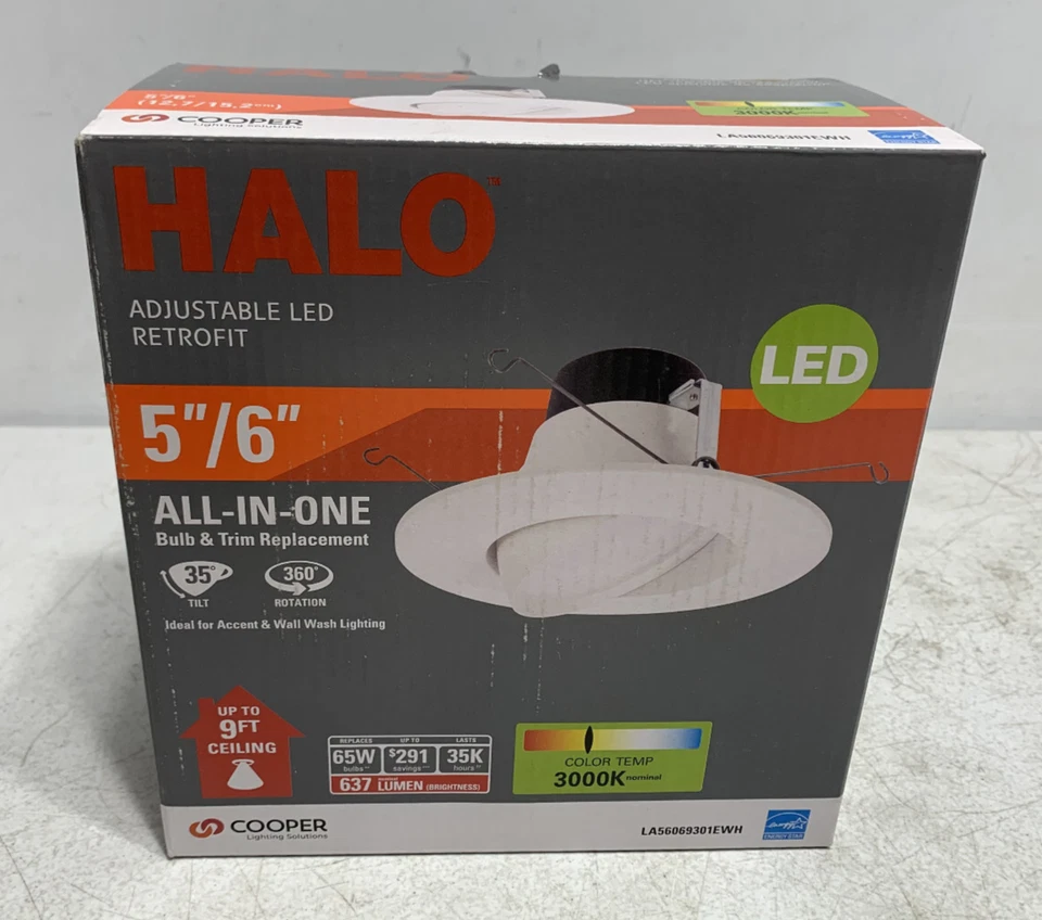 Halo LA56069301EWH Adjustable LED Retrofit Downlight 5"/6" 637 Lumens 65W