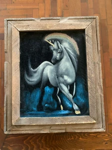 White Unicorn Painting Picture On Velvet, Vintage, 12 1/2" x 10 3/4" Wood Frame - Picture 1 of 2