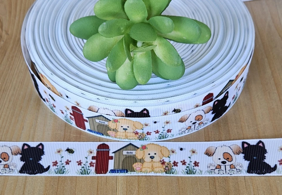 7/8" (1 YD) Dog and Puppies with Doghouse Grosgrain Ribbon Rescue Dogs Animal - Image 1 of 1