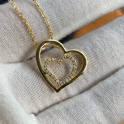 Collar Colgante Corazón Diamante Natural Plata 925 Sólida Placa Oro Amarillo Foto 1 de 4