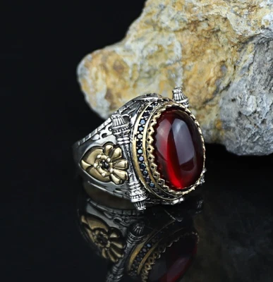 Men Silver Red Ruby Red Gemstone Turkish Men Ring - Image 1 of 4