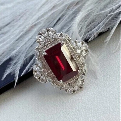 Anello tondo in oro bianco 14 carati con rubino e moissanite creato in... - Immagine 1 di 4