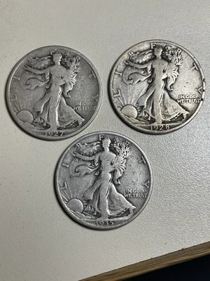 Three Walking Liberty Half Dollars 1927S 1928S 1935S US Silver 50 Cent G/VG - Image 1 of 2