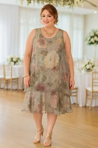 Vintage Dress 20W Plus Muted Watercolor Floral Layered Knee Fairy Boho Y2K 90s - Picture 1 of 12