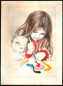 BEN MENASHE ~ Impresión LE Bellas Artes ~ Niña Pintura como relojes de gatito FIRMADOS - Imagen 1 de 12