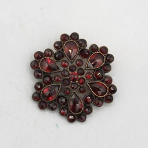Antique Bohemian Red Garnet Brooch Pin Sterling Silver Round - Picture 1 of 7