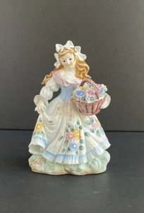 Vintage Lefton Girl w/ Flowers In Basket - Floral - Hand Painted Figurine KW1330 - Picture 1 of 19