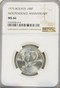 1975 BOLIVIA SILVER 100 PESOS INDEPENDENCE ANNIVERSARY NGC MS 66 RARE TOP POP - Picture 1 of 4