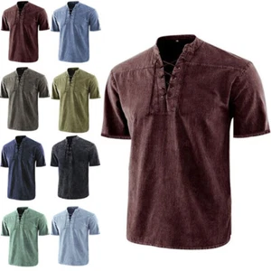 Men Casual Short Sleeve Blouse Loose Henley V-Neck Tops T Shirts Gym Muscle Te - Picture 1 of 20