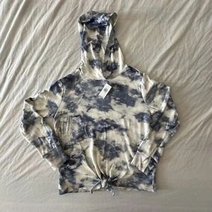 Old Navy Girls L (10-12) Plush Knit Tie-Front Pullover Hoodie Grey Tie Dye NEW - Picture 1 of 9