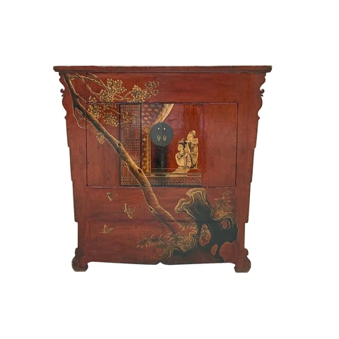Chinese Vintage Brick Red Golden Scenery Armories Storage Cabinet cs6030 Cover