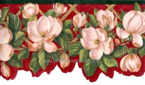 Scalloped Pink Magnolia Flower Green Leaf on Bamboo Lattice Wallpaper Border - Picture 1 of 4