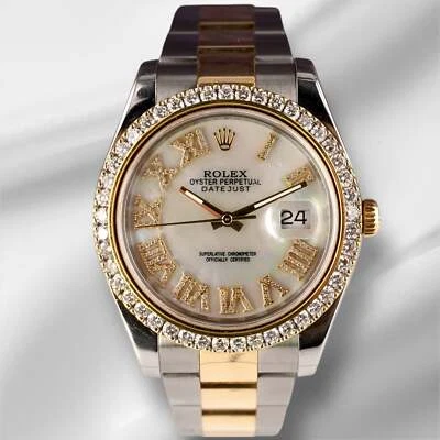 劳力士男式 Datejust 41 毫米 18k 金钢冰 3 克拉钻石珍珠罗马 116333 — 第 1/4 张图片