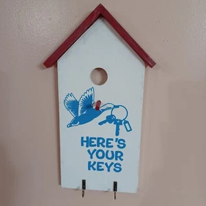 Birdhouse Style Key Holder Painted Wood Sign With 2 Hooks Here's Your Keys - Picture 1 of 6