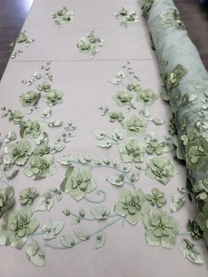 Sage Green Orquidia 3D Floral Embroidery Pearls On Mesh Lace Fabric By The Yard - Image 1 of 4
