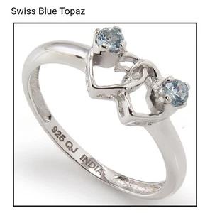 925 Sterling Silver Blue Topaz round 0.24 CTW Double Heart Ring Size 7 - Picture 1 of 5