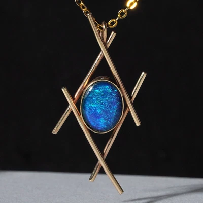 Vintage Australia Black Opal Triplet 9ct Gold Pendant Blue Green Modernist - Изображение 1 из 4