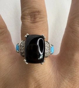 Anillo Negro Onix Robbin’s Egg Turquesa y Cuarzo Plata de Ley 925 Talla 6.5 - Imagen 1 de 7