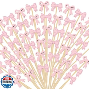 200Pcs Coquette Bow Cocktail Picks,4.7 Inch Pink Bow Toothpicks Bowknot Cockt - Picture 1 of 5