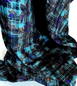 Vintage 1990s Floral Plaids Fabric Turquoise Blue Black Sewn Edges 30" x 2 yards - Picture 1 of 10