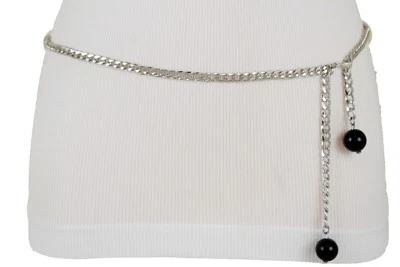 Donna Avvolgente Decorato Moda Cintura Metallo Argento Catena Nero Perline + XL - Immagine 1 di 4