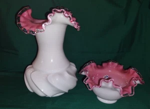 2 pc Vtg Fenton Peach Blow/Silver Crest LARGE Ruffled Edge Vase & Rose Bowl Pink - Picture 1 of 7