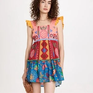 Farm Rio Embroidered Multicolor Block Cross-Stitch Tiered Cotton Minidress Sz S - Picture 1 of 13