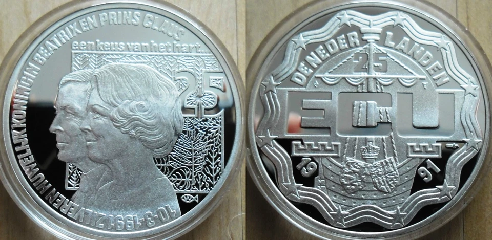 1991 Netherlands Large Proof Silver 25 Ecu  Beatrice w Prince Claus - Image 1 of 1
