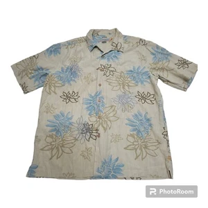 Quiksilver Edition Mens Hawaiian Shirt Large Floral Silk Beige Blue Comfort Fit - Picture 1 of 10