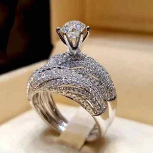 Fashion Women 925 Silver Filled Wedding Set Ring Round Cut Cubic Zircon Sz 5-12 - Picture 1 of 4
