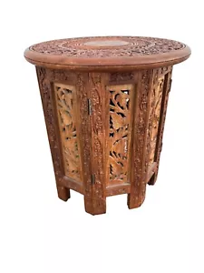 Vintage Teak Carved Octagonal  Folding Sm Side Table Inlay Anglo Indian Moorish - Picture 1 of 17