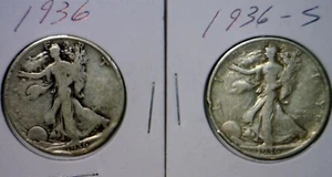 1936 & 1936s F / VF Walking Liberty SILVER Half Dollar Coins Nice 2 Coin LOT NR - Picture 1 of 6