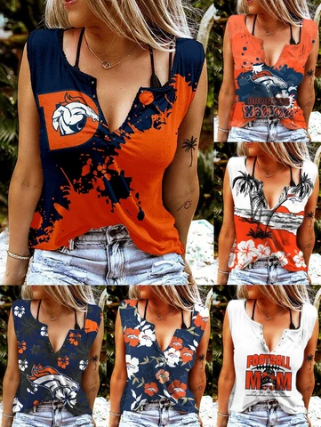 Denver Broncos V-neck T-shirts Ring Hole Sleeveless Tank Tops Summer Vests Gifts Cover