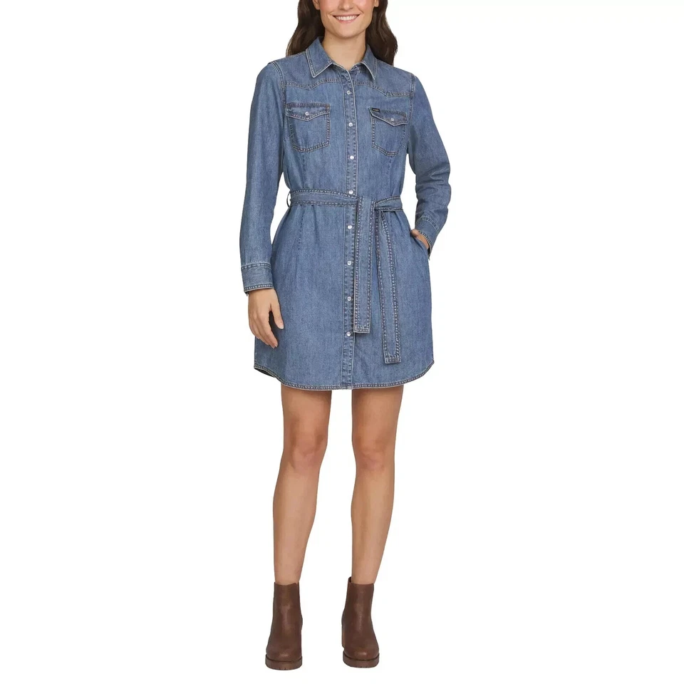 Vintage Wrangler Pearl Snap Dress Womens Small Denim Embroidered Roses Aztec