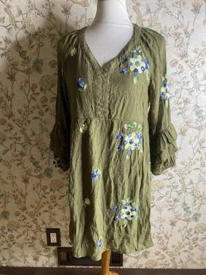 Anthropologie Fig & Flower Olive Embroidered Ruffled Tunic Boho Dress PL - Image 1 of 4