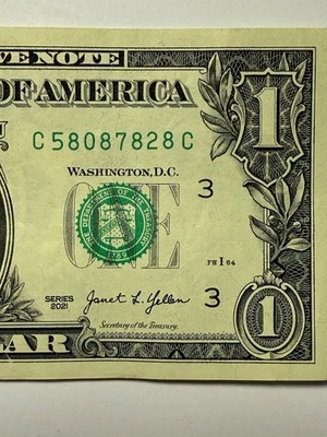 Alternator 8s Fancy Serial Number One Dollar Bill $1 Note C58087828C Series 2021 - Image 1 of 4