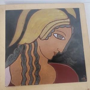 Vintage Greek Tile Art Wood Frame Greek Women MCM Signed by Artist - Picture 1 of 22